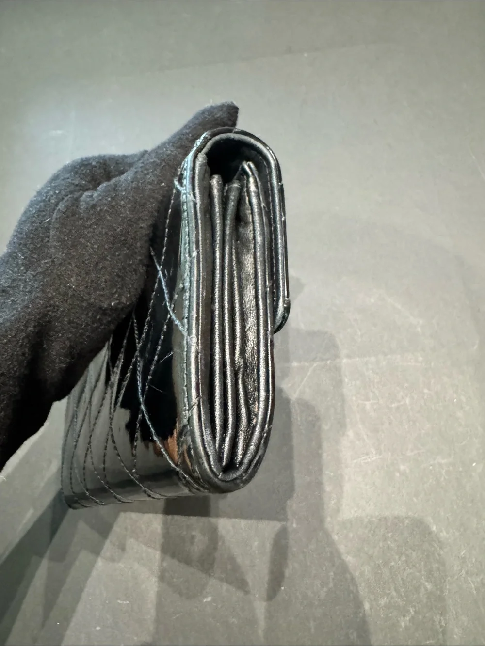 CHANEL WALLET Black Quilted Patent Leather Long wallet with Silver CC